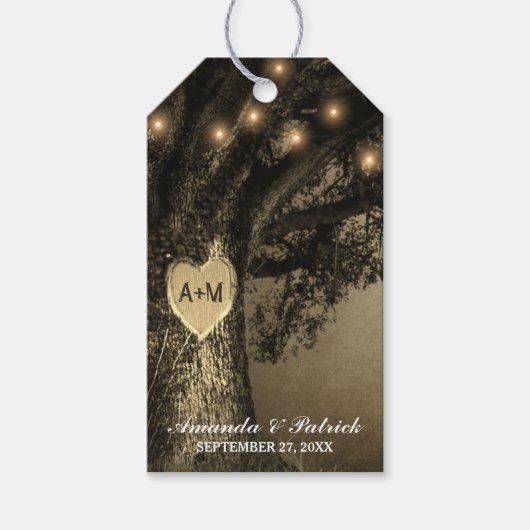 Country Rustieke  Gesneden Eiken Boom Bruiloft Cadeaulabel (Voorkant)