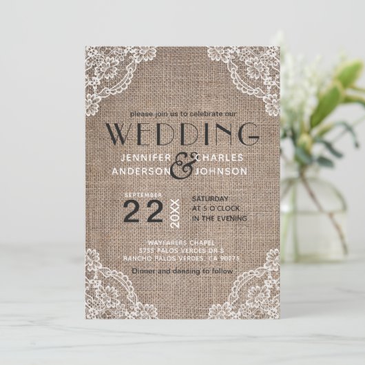 country rustieke jute stof kant trim bruiloft kaart (Staand voorkant)
