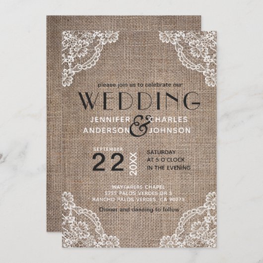 country rustieke jute stof kant trim bruiloft kaart (Voorkant / Achterkant)