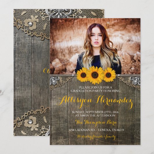Country Rustieke Zonnebloem Afstuderen Foto uitnod Kaart (Voorkant / Achterkant)