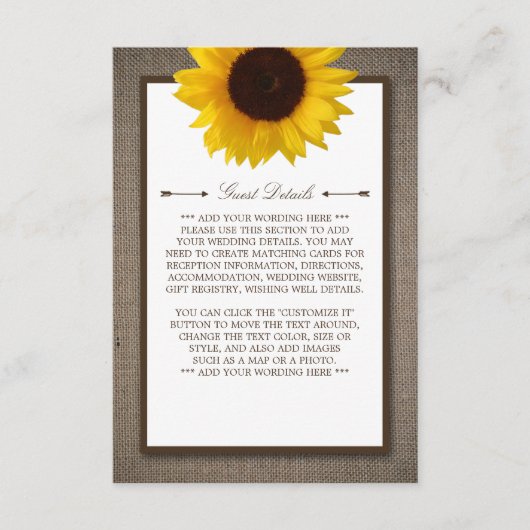 Country Rustieke Zonnebloem & Burlap Trouwdetail Informatiekaartje (Voorkant)