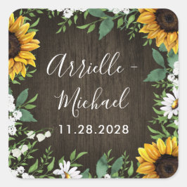 Country Rustieke Zonnebloem Daisy Bruiloft Favor Vierkante Sticker