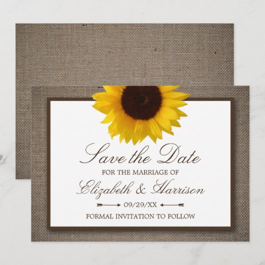 Country rustieke zonnebloem op jute save the date (Voorkant / Achterkant)