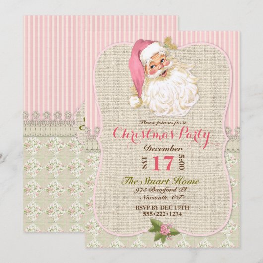 Country  Santa Claus Roze Burlap Kant Kaart (Voorkant / Achterkant)