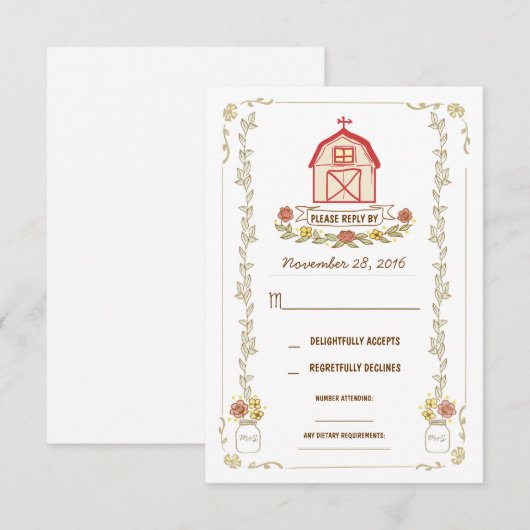 Country schuur bruiloft antwoord kaarten (Voorkant / Achterkant)