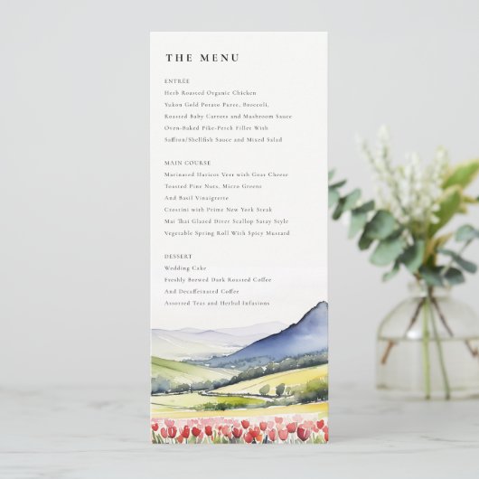 Country Spring Floral Landschap Wedding Menu Kaart (Staand voorkant)