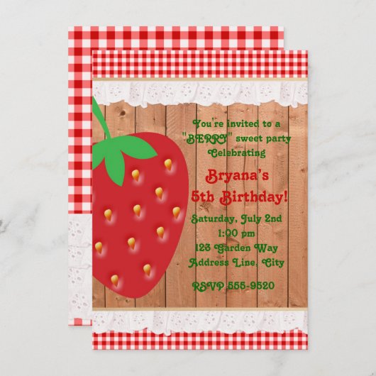Country Strawberry Gingham Ruffles Uitnodiging (Voorkant / Achterkant)