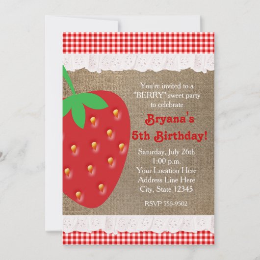Country Strawberry Red Gingham Ruffle Uitnodiging (Voorkant)