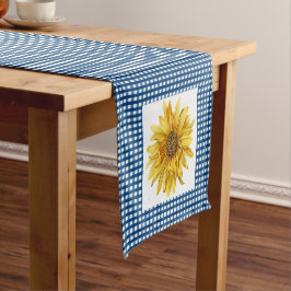 Country Style Blauwe Gingham Plaid met Zonnebloeme Korte Tafelloper