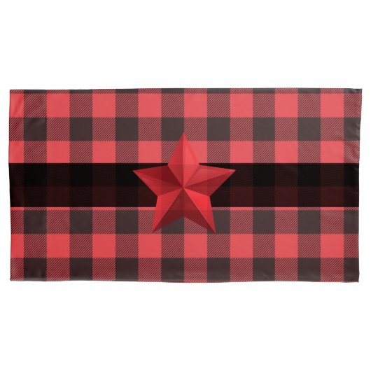 Country Style Red & Black Buffalo Plaid Red Star Kussensloop (Voorkant-Links)