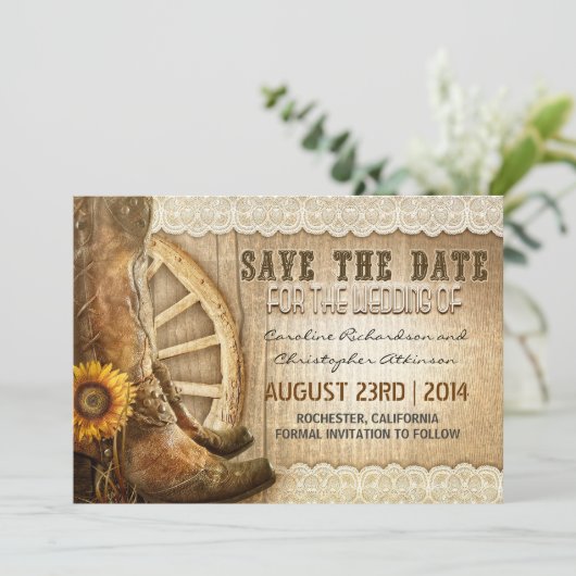 Country Style Zonnebloem kant Save the Date Nodigt (Staand voorkant)