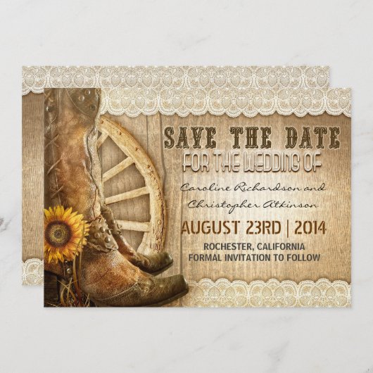 Country Style Zonnebloem kant Save the Date Nodigt (Voorkant / Achterkant)