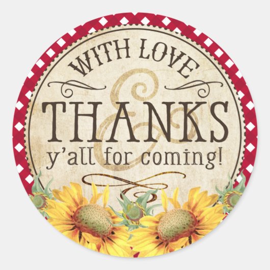 Country Sunflower Red Gingham Check Dank u Ronde Sticker (Voorkant)