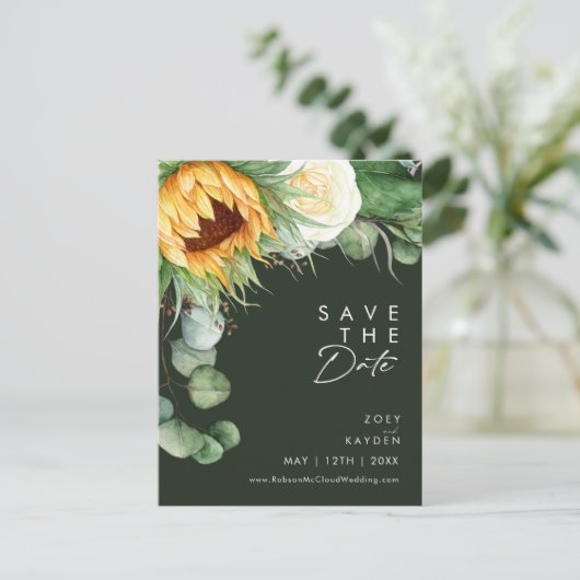 Country Sunflower Script | Groen sparen de Datum Uitnodiging Briefkaart (Staand voorkant)
