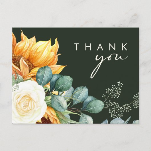 Country Sunflower Script | Groene bruiloft Dank u Briefkaart (Voorkant)