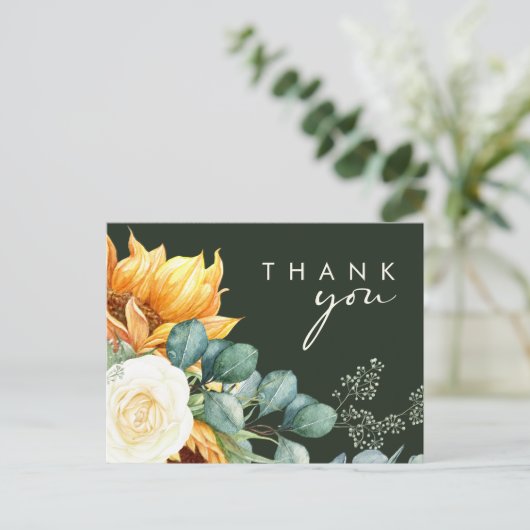 Country Sunflower Script | Groene bruiloft Dank u Briefkaart (Staand voorkant)
