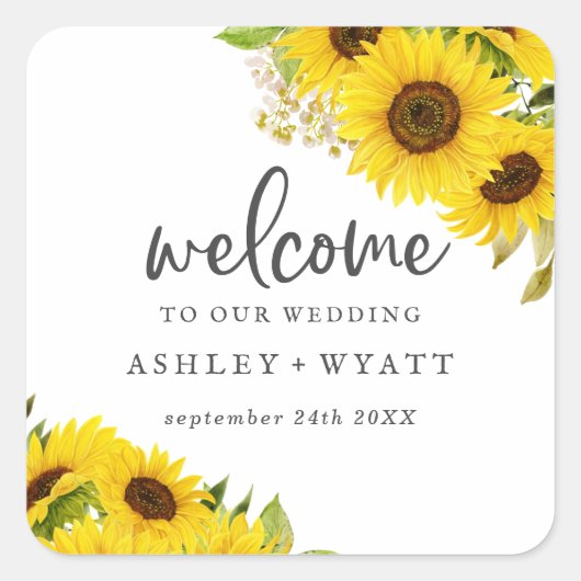 Country Sunflower Wedding Welcome Square Sticker (Voorkant)