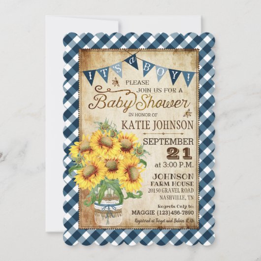 Country Sunflowers Gingham Check Boy Baby shower Kaart (Voorkant)