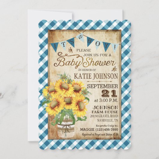 Country Sunflowers Gingham Check Boy Baby shower Kaart (Voorkant)