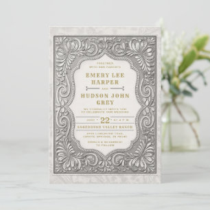 Country Tooled Leather Western Rugged Barn Wedding Kaart