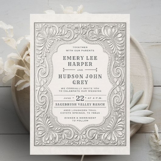 Country Tooled Leather Western Rustic Barn Wedding Kaart