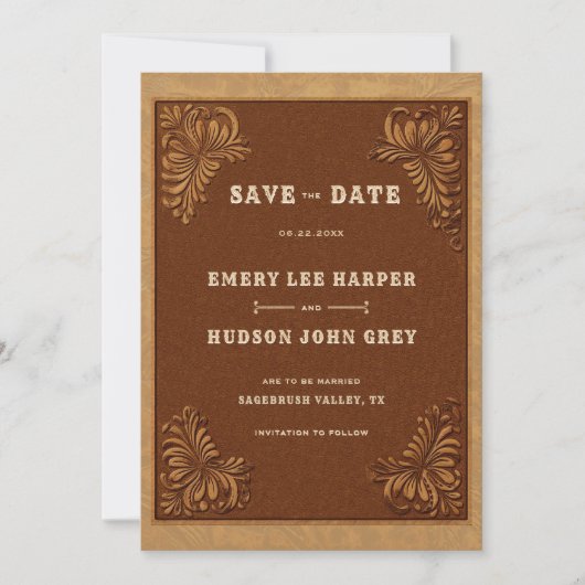 Country Tooled Leather Western Rustic Wedding Save The Date (Voorkant)