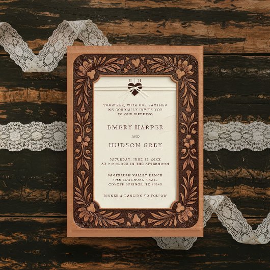 Country Tooled Leather Western Sweethearts Wedding Kaart