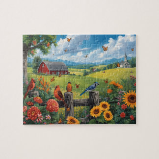 Country View Birds Sunflowers Red Barn Scene Legpuzzel