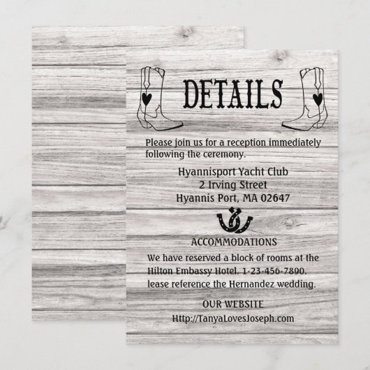 Country Wedding Details Wood Cowboylaarzen Western Kaart (Voorkant / Achterkant)
