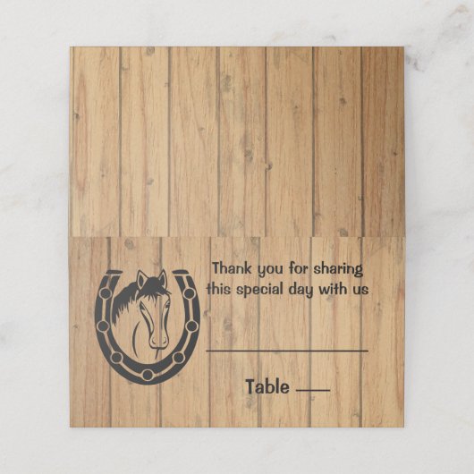 Country Wedding Horse Hoefijzer Western bruin hout Plaatskaartje (Buitenkant ongevouwen)