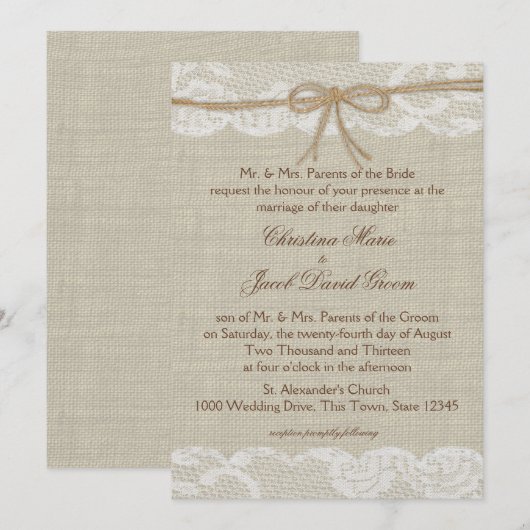 Country Wedding Lace en Burlap Kaart (Voorkant / Achterkant)