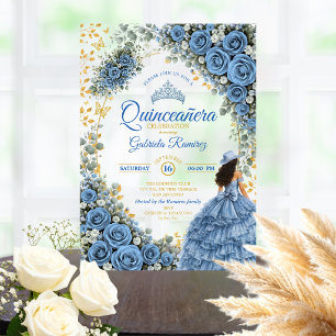 Country Western Blauwe Rozen Gouden Quinceañera Acryl Uitnodigingen