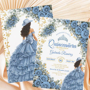 Country Western Blauwe Rozen Gouden Quinceañera Kaart