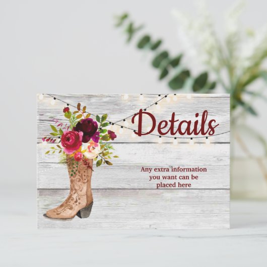 Country Western Boot Boho Rustic Marsala Details Informatiekaartje (Staand voorkant)