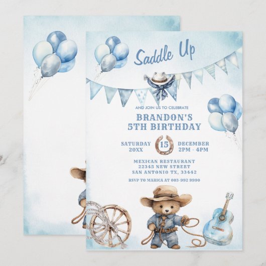 Country Western Boy Cowboy Verjaardagsuitnodiging Kaart (Voorkant / Achterkant)
