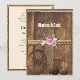 Country Western Bruiloft Roze Rozen Veren Touw I Kaart