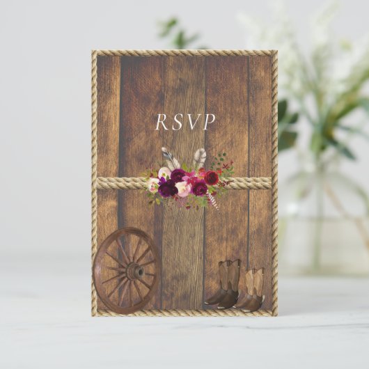 Country Western Bruiloft Roze Rozen Veren Touw  RSVP Kaartje (Staand voorkant)