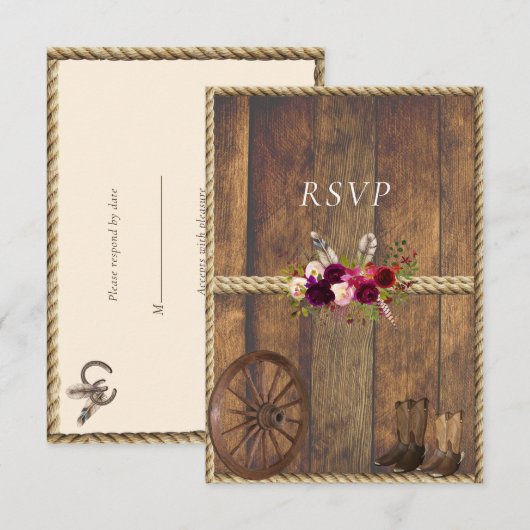 Country Western Bruiloft Roze Rozen Veren Touw  RSVP Kaartje (Voorkant / Achterkant)