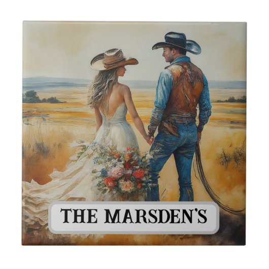 Country Western Bruiloft Waterverf Tegeltje (Voorkant)