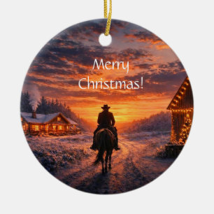 Country Western Cowboy Rijdt Schuur Kerstmis Keramisch Ornament