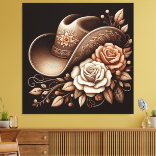 Country Western Cowgirl Hoed met Bloemen Canvas Afdruk