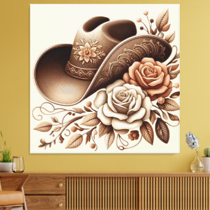 Country Western Cowgirl Hoed met Bloemen Canvas Afdruk