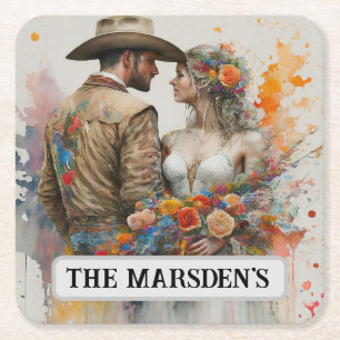Country Western Jonggehuwden Aquarel Kartonnen Onderzetters