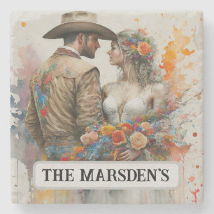 Country Western Jonggehuwden Waterverf Stenen Onderzetter