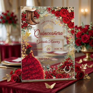 Country Western Rode Rozen Gouden Quinceañera Acryl Uitnodigingen
