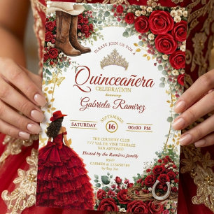 Country Western Rode rozen Gouden Quinceañera Kaart