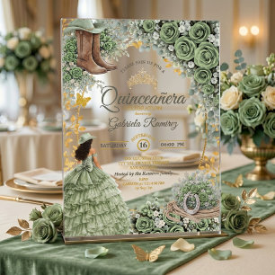 Country Western Sage Groen Roos Gouden Quinceañera Acryl Uitnodigingen