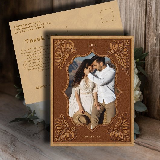 Country Western Tooled Wedding Photo Thank You Briefkaart