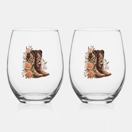 Country westerse bloemen met cowboylaarzen wijnglas zonder voet (Voorkant)