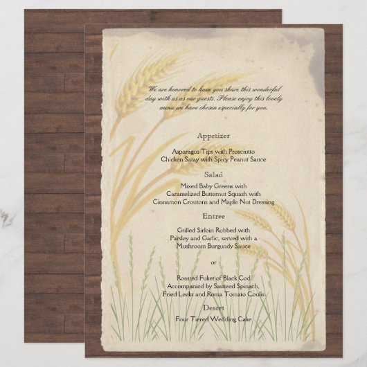 Country Wheat Grass op Parchment Wedding Menu (Voorkant / Achterkant)